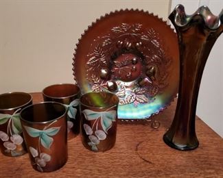 Vtg Fenton Carnival Plate, Cups, Vase