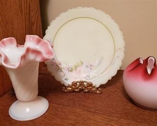 Vtg Fenton Hand Painted Plate, Rose Bowl and More