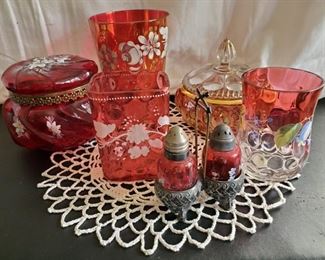 Vtg Hand Painted Cranberry Fenton Six