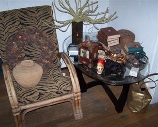 BAMBOO CHAIR, GLASS-TOP TABLE, LAMP & MISC.