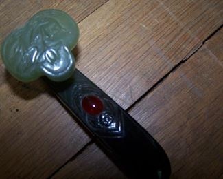 ANTIQUE? CHINESE JADE SCEPTER OR RUYI WITH SET STONE, measures approximately 4"