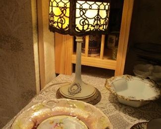 small (boudoir) slag glass lamp & china