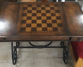 antique wrought iron wood checkers backgammon game table with two drawers