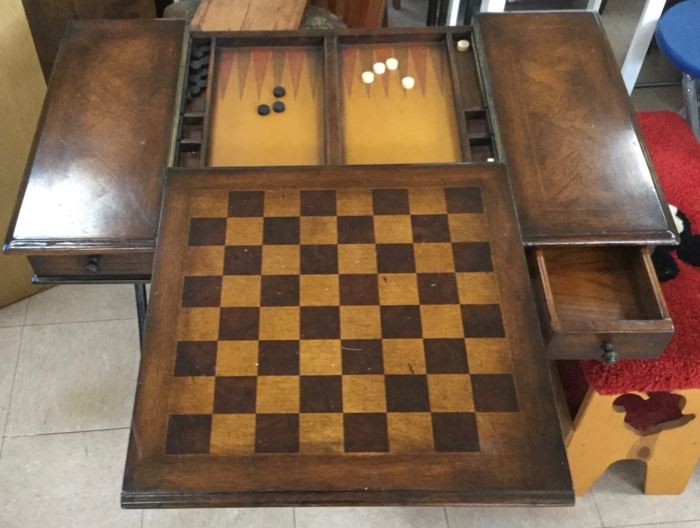 antique wrought iron wood checkers backgammon game table with two drawers