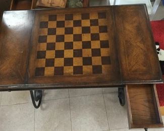 antique wrought iron wood checkers backgammon game table with two drawers