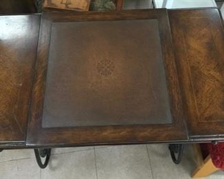 antique wrought iron wood checkers backgammon game table with two drawers AND REVERSIBLE LEATHER TOP