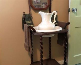 wooden stand mirror, candle holders, towel bars pitcher, bowl & chamber pot