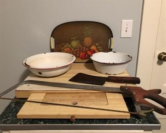 Enamel Bowls, Meat Cleaver, Cutting Board, Butcher Hand Saw