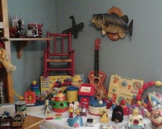Red child's rocking chair, Roy Rogers and Dale Evans guitar (as is) Fisher Price and more