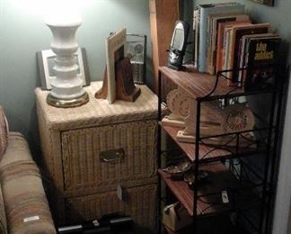 wicker filing cabinet on casters (one of two) wicker and metal frame small etagere. 