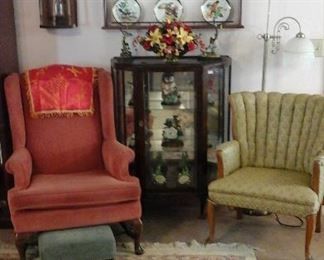 curio cabinet, wing back chair, barrel back chair and Andrea bird figurines