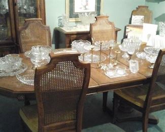 Stanley dining table six chairs one leaf and pads. lots of crystal