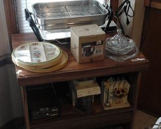 indoor electric grill, blooming onion slicer, rolling cart and misc.