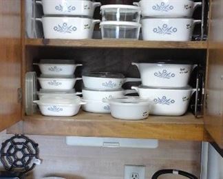 Pyrex, aluminum pitcher and glasses 