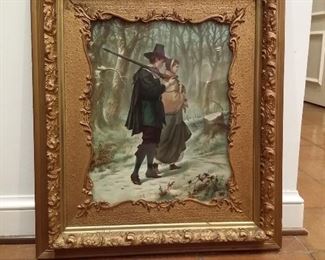 Antique frame with print titled "John Alden and Priscilla wedded"
