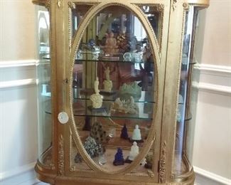 Antique gold gilded  lighted cabinet with beveled & curved glass