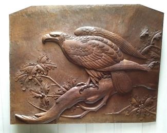 Mahogany hand carved wall hanging that originally was part of a bar in a brothel in San Francisco, according to a card that Mr. Engel taped to the back  