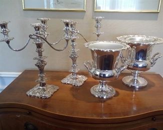 Silver plate candlesticks and wine coolers