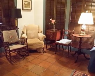 Antique rocker, arm chair, & lamp tables