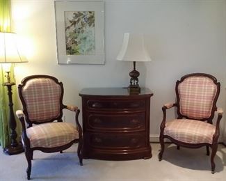 Vintage arm chairs and antique walnut bowfront chest