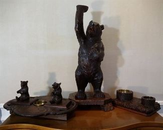 Antique black forest hand carved bear smoking set .  According to the family, Mr. & Mrs.  Engel purchased this set from the historic Denver Hotel in Victoria when it closed. 
