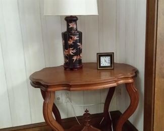 Antique lamp table & ceramic lamp (black with goldfish)