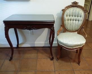 Antique game table & chair