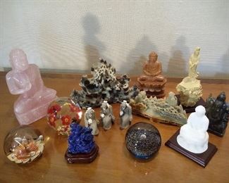 Soapstone carvings, paperweights, mud men, various vintage figures