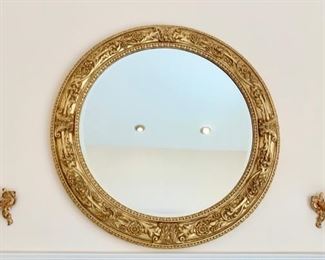 Gilded Frame Round Mirror:  Gilded Carved Sconces
