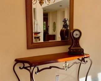 Wrought Iron and Wood Console Table; Beveled Mirror, Gilded Frame; Hand Painted Clock
