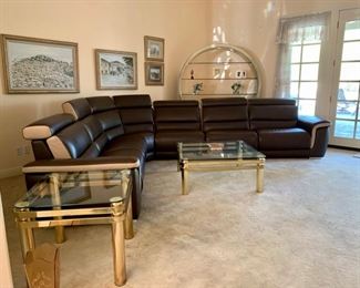 Like New Italian Leather Sectional Sofa; Brass and Glass Accompaniments