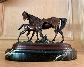 Mare And Foal by P. J. Mene, hand finished bronze on wood & marble base