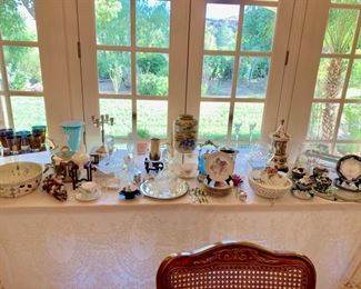 Table with Vintage Treasures: Nippon Vase, Earlier Waterford Decanters & Pitchers, English Bone China, '60's Georges Briard Double Whiskeys, Tumbled Semi-Preciou Stone Grapes, Russian Dessert Set, More