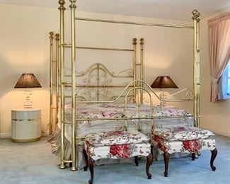 King-Size Brass Bed; Ottomans; Bed-side Rounds and Vintage 80's Lucite Lamps