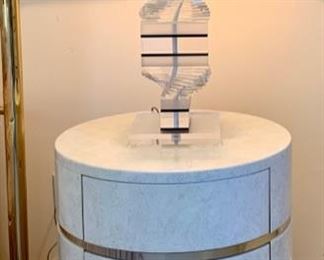 Faux Marble Lacquer Radius Cabinet with Brass Accents (one of a pair); Stacked Lucite "Twist" Table Lamp (one of a pair)