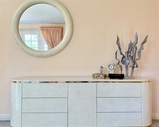 Faux Marble Lacquer Streamline Dresser With Brass Accents and Coordinating Round Mirror