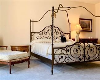 European Country Furnishings: Iron "Gazebo" queen bed; Ladder-back Lounge Chair & Ottoman; Bombay Commode; Tole Table Lamp; Framed Kincade