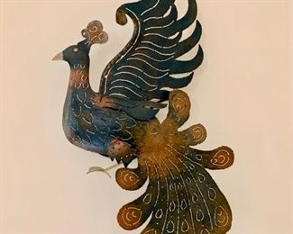 Pierced and Patinated Metal Peacock Candle Sconce (one of a pair)