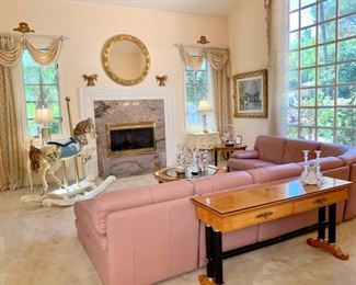 Pink Leather Modular Sectional Seating; "Empire Style" Console Table, Cocktail Table, End Table; Hand Painted Bombe Chests; Vintage Hand-painted Rocking/Carousel Horse