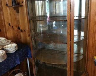 Beautiful curved glass oak Curio cabinet with key