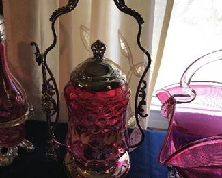 Love this gorgeous cranberry glass and silver pickle server.