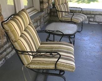 2 Great spring chairs with cushions and 1 porch table
