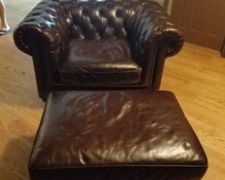 Frontgate Barrow Chesterfield Mocha Leather 52" over sized chair with ottoman. 