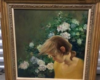 16.  Oil on canvas - woman in rose bushes, 27"w x 28"h