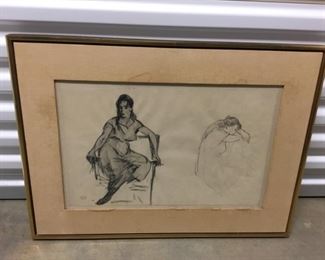 20.  Robert Henri signed - Original charcoal "Two studies of a seated dancer" 19 1/2" x 1' + frame