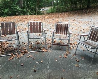 Set of 4  folding retro wood and aluminum outdoor chairs. 2 available.
