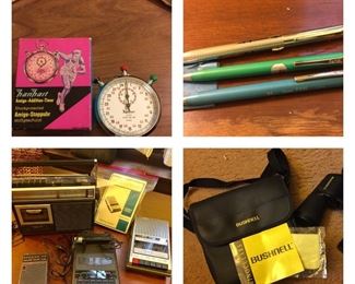 Made in Germany Hanhart Super Mechanical Wind Up Vintage Stopwatch in original box / Vintage NORMA Mechanical MultiColor Lead Pencil Green Red Blue / Pentel P245 lead pencils / Panasonic radio / cassette recorders/ New Bushnell binocularas