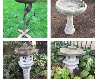 Outdoor birdbaths and concrete décor.  The tall pagoda is wired to light up (top left and bottom right are sold)
