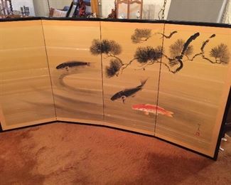 Vintage JAPANESE Hand Painted On Silk Screen 4-Panel Folding Screen - signed