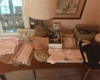 vintage women's items - lace collars, leather gloves, gold beaded evening bags, lace & embroidered handkerchiefs